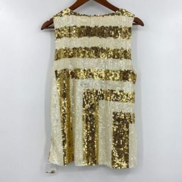 Julie Brown Sequined Top Striped Ivory Gold Sleeveless Pullover Round Neck SZ L - Picture 4 of 5